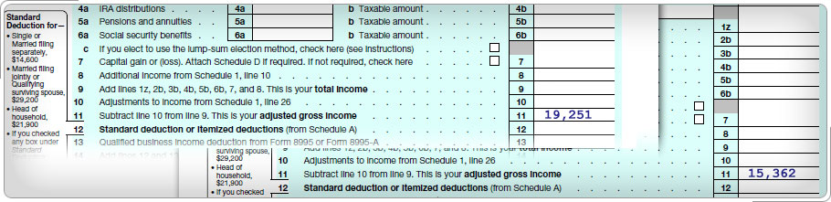 Two Form 1040s, one showing AGI of $19,251, and the other showing AGI of $15,362.