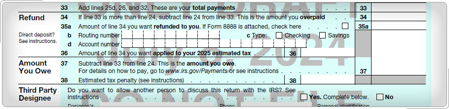 Form 1040, Refund and Amount You Owe sections.