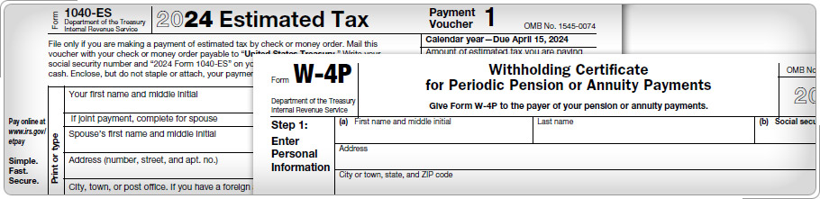 Top portion of Form 1040-ES and Form W4-P.