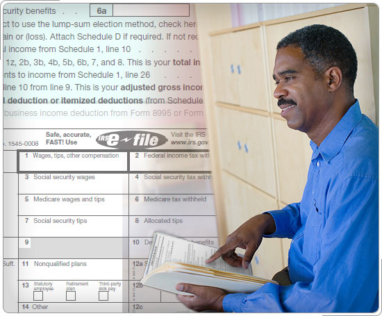 Collage of volunteer and tax forms.