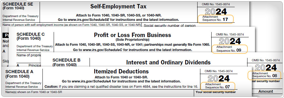 Tops of Form 1040 Schedules, with attachment sequence numbers highlighted.