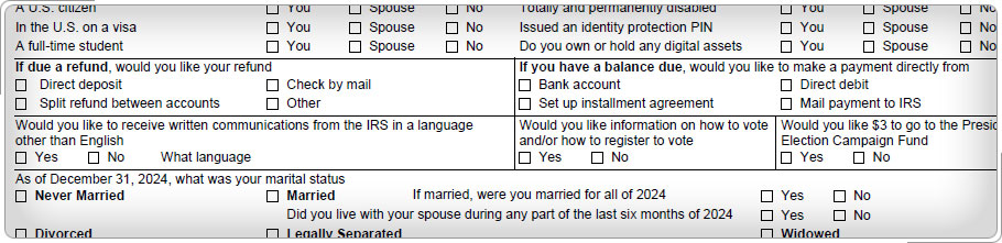 Form 13614C, Part VII, questions 2 and 3.