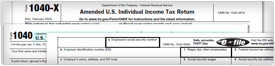 Portions of Forms 1040X, 1040, and W-2.    