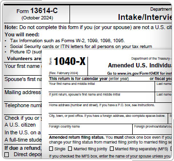 Collage of Form 13614-C and Form 1040-X.