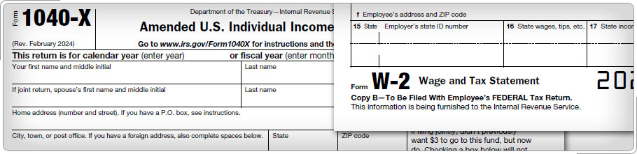 Top of Form 1040-X and Form W-2.