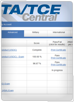 VITA / TCE Pruebas de Certificación pantalla de menú que muestra la puntuación de los cursos.