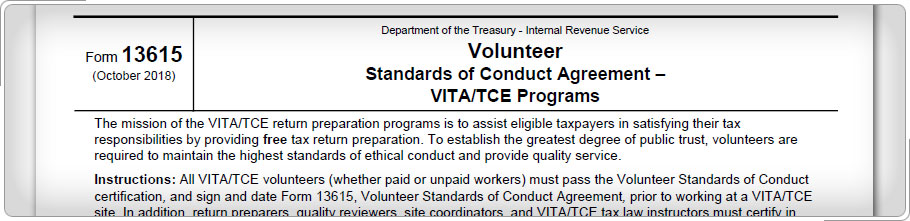 Formulario 13615, Volunteer Standards of Conduct Agreement.