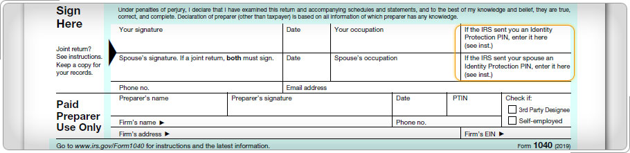 Formulario 1040 que muestra el cuadro PIN de Protección de Identidad.