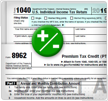 Formulario 8962 y Formulario 1040 con signo más o menos.