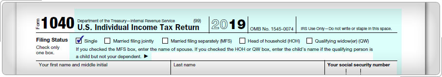 Se comprueba el Formulario 1040, sección Estado de archivo, Caja 1-Soltera.