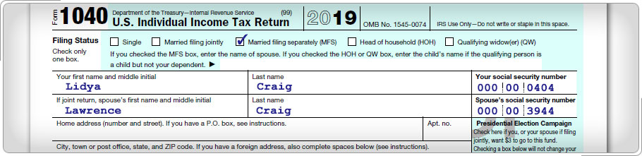 Formulario 1040, sección Estado de archivo, recuadro 3-Married presentación por separado se comprueba, los nombres de ambos cónyuges y SSNs se introducen.