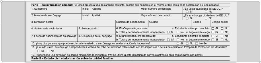 Parte de la hoja de ingesta y entrevista con información del contribuyente.