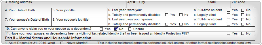 Hoja de admisión y entrevista, pregunta 13 verificada No. ¿Puede alguien reclamarle a usted oa su cónyuge en su declaración de impuestos?