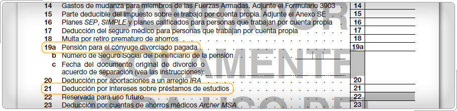 Adjustments to Income section of Schedule 1 with alimony and student loan interest lines highlighted.