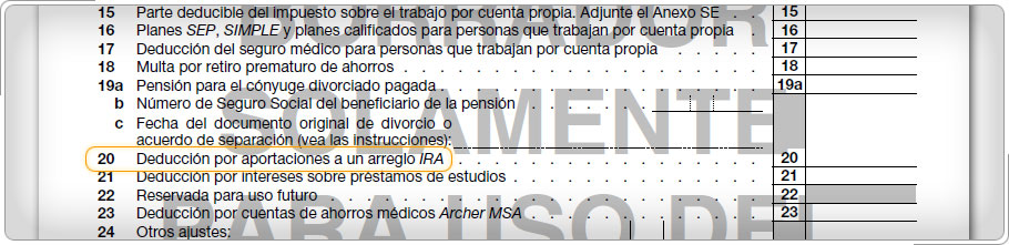 Adjustments to Income section of Schedule 1 with IRA deduction line highlighted.