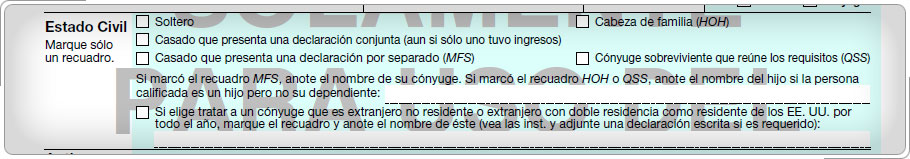 Sección de estado civil del Formulario 1040.