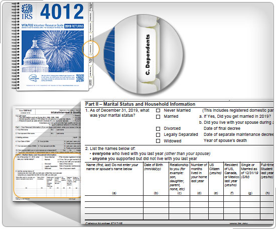 Collage: Publicación 4012 Exenciones / Ficha de Dependencia con el Formulario 13614-C, Parte II, Estado Civil e Información del Hogar.