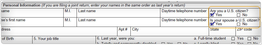 Sección de información personal de la hoja de ingreso y entrevista, ¿Es usted ciudadano de los Estados Unidos? ¿Es su cónyuge un ciudadano de los Estados Unidos?