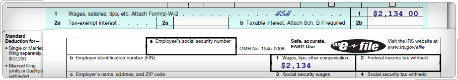 Collage de la Forma W-2 mostrando $2134 en la casilla 1 y la Forma 1040 mostrando la línea 7 con $2134 y "HSH" escrito en la línea punteada.