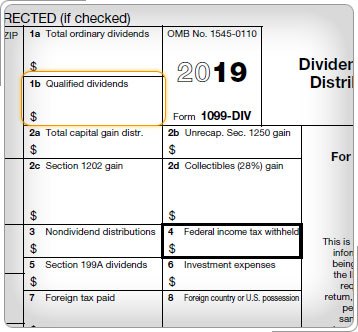 Parte de Formulario 1099-DIV, con línea para dividendos calificados destacados.