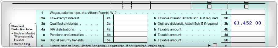 Formulario 1040 con $1.452 ingresados ​​en la línea 9a, dividendos ordinarios.