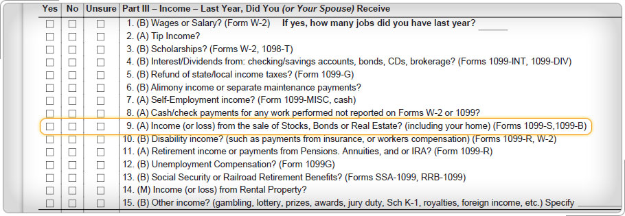 Ingreso y hoja de entrevista, pregunta de la sección de Ingresos sobre ingresos o pérdidas de la venta de acciones, bonos o bienes raíces.