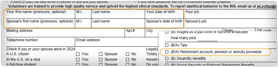 Form 13614-C Intake and Interview Sheet, Income section question about distribution for pensions, annuities, or IRA.