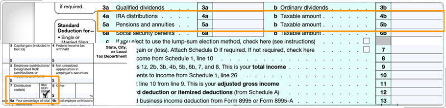 Formulario 1099 con la casilla de verificación para IRA / SEP / SIMPLE y Formulario 1040 con distribuciones IRA y las líneas de pensiones y anualidades resaltadas.
