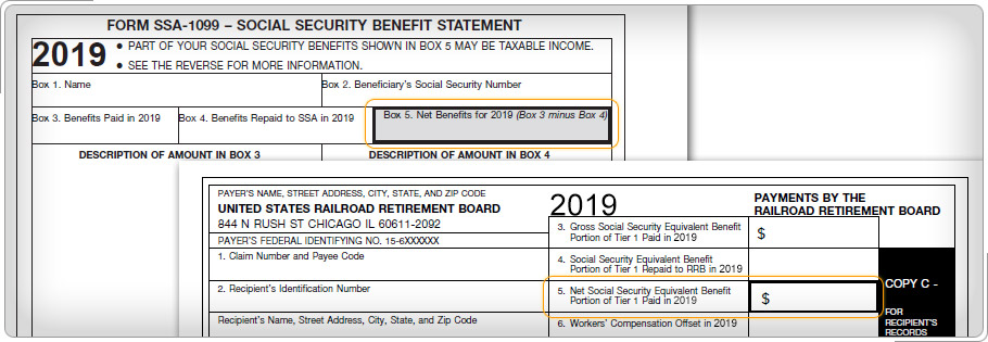 Formulario SSA-1099 y Formulario RRB-1099 que muestra la casilla 5.