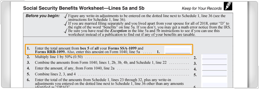 Hoja de Trabajo de Beneficios del Seguro Social para ingresar el monto total de la casilla 5 de todos los Formularios SSA-1099 y los Formularios RRB-1099.