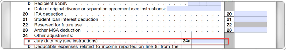 Formulario 1040, mostrando la línea para el pago del deber del jurado dado a su empleador.