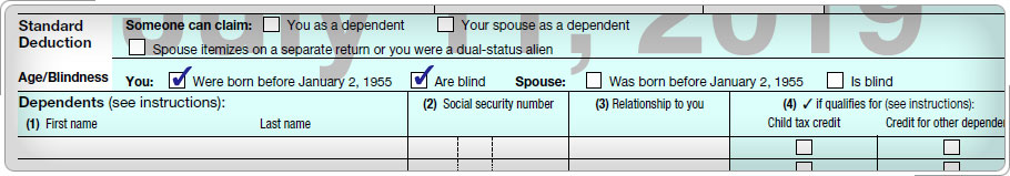 Formulario 1040 Impuestos y Créditos sección, mostrando las marcas de verificación por edad y ceguera.