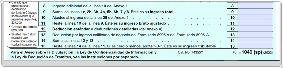 Formulario 1040 que muestra la sección de Impuestos y Créditos.