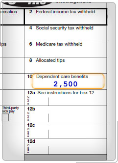 Formulario W-2 que muestra beneficios de cuidado a dependientes, $2,500.