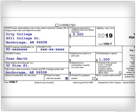 Formulario 1098-T que muestra los pagos recibidos por matrícula calificada y gastos relacionados y becas o subvenciones.