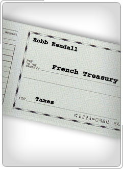 Cheque hecho a la Hacienda Francesa de Robb Kendall, con un memorándum que dice "Impuestos".