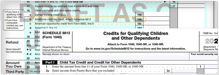 Collage de Formulario 1040 y Formulario 1040A destacando la línea adicional de crédito tributario para niños.
