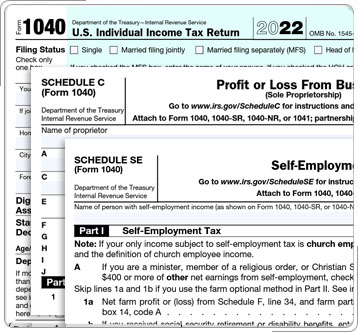 Collage de Formulario 1040, Horario C-EZ y Horario SE.