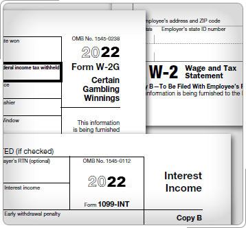 Collage que muestra Formularios W-2, W-2G, y Formulario 1099-INT.