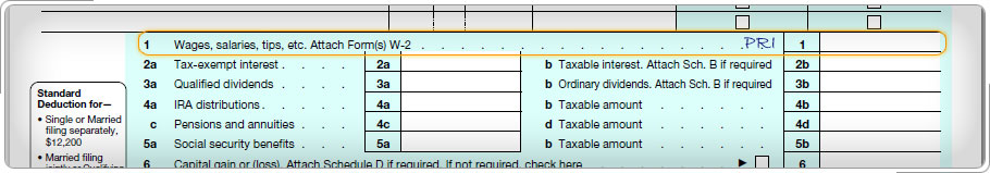 Línea 7 de Formulario 1040, PRI al lado de la línea.