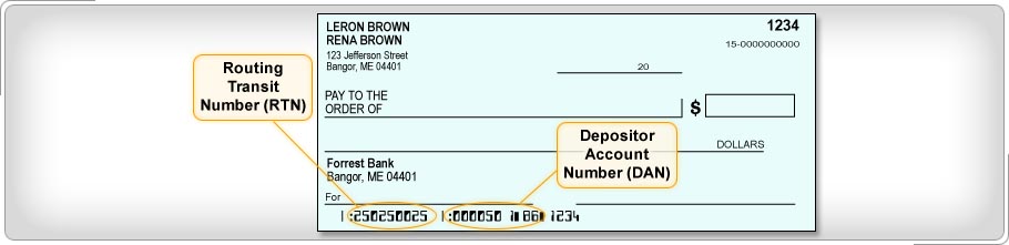 Cheque personal con Número de tránsito de tránsito (RTN) y Número de cuenta de depósito (DAN) etiquetados.