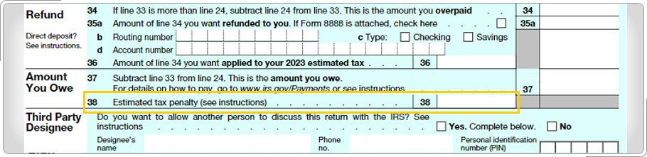 Formulario 1040 que muestra la línea de penalización fiscal estimada.